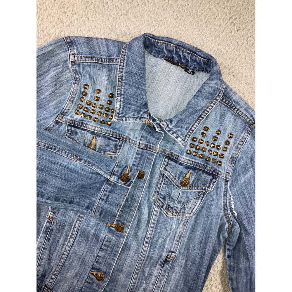 Studded Denim Jacket Women M Distressed Trucker Punk Biker y2k Western Cowgirl